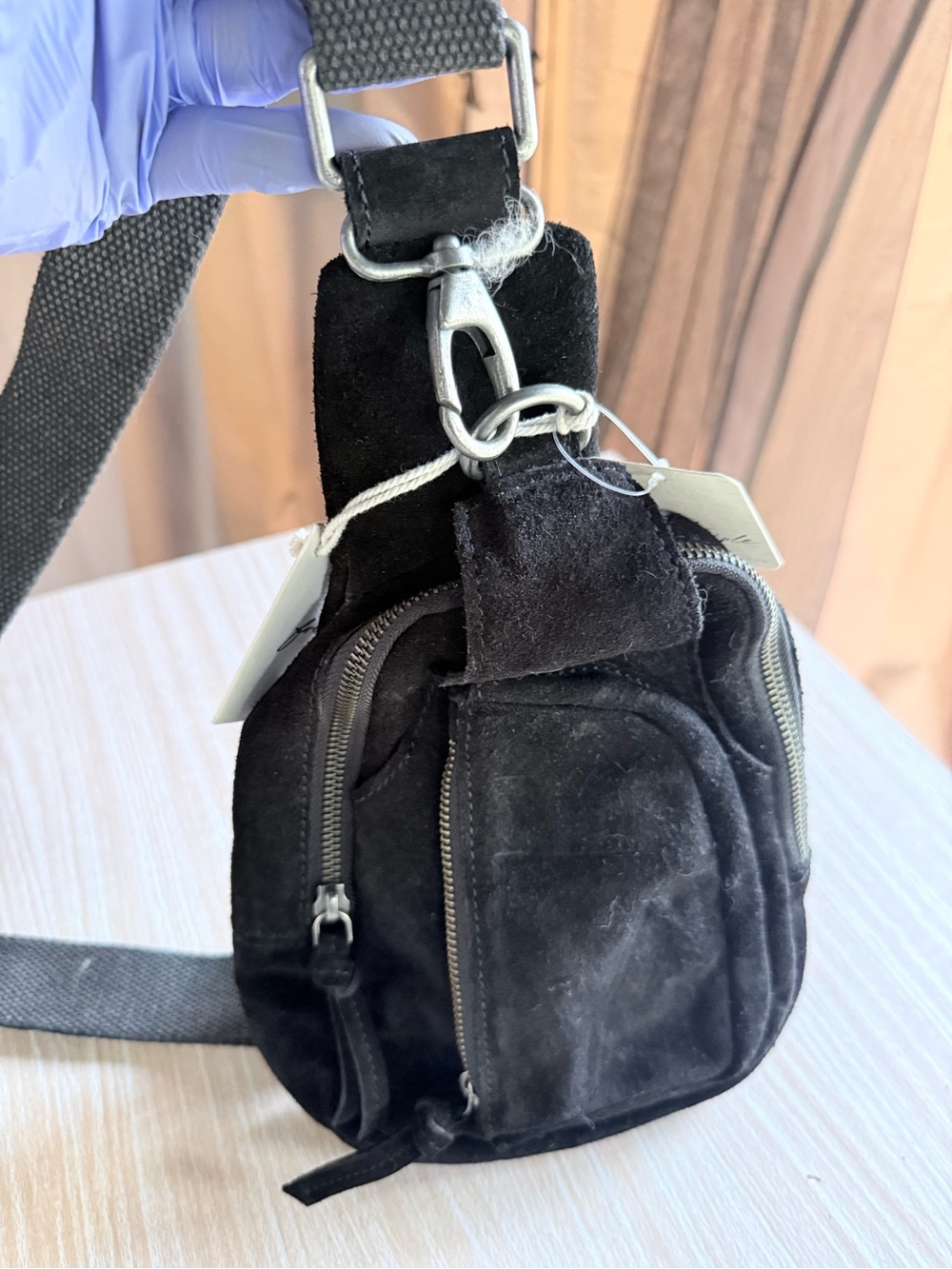 Black Suede Crossbody Sling Bag - Women